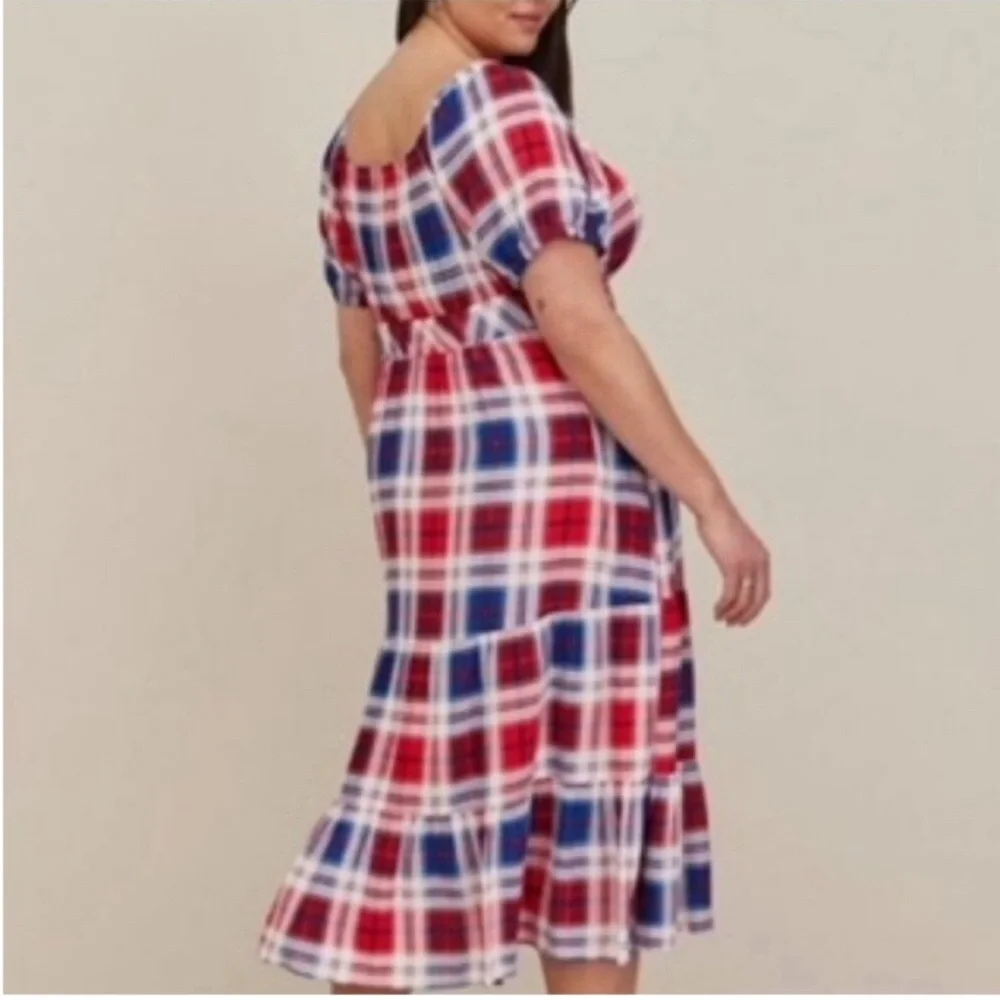 Torrid Puff Sleeve Tiered Midi Dress - Challis Plaid Red & Blue Sz14-16 (1X) EUC - Picture 2 of 14